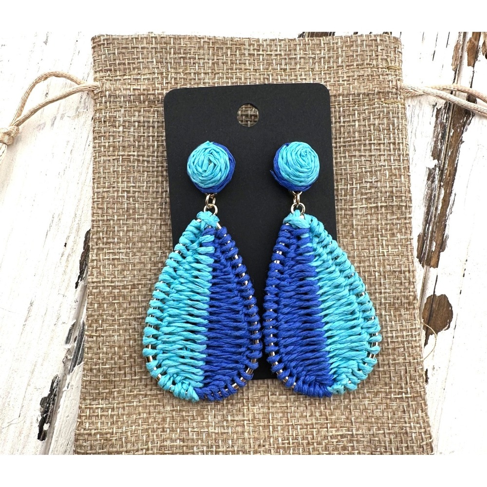 Raffia BraidedTeardrop Earrings Blue Ombre NEW‎